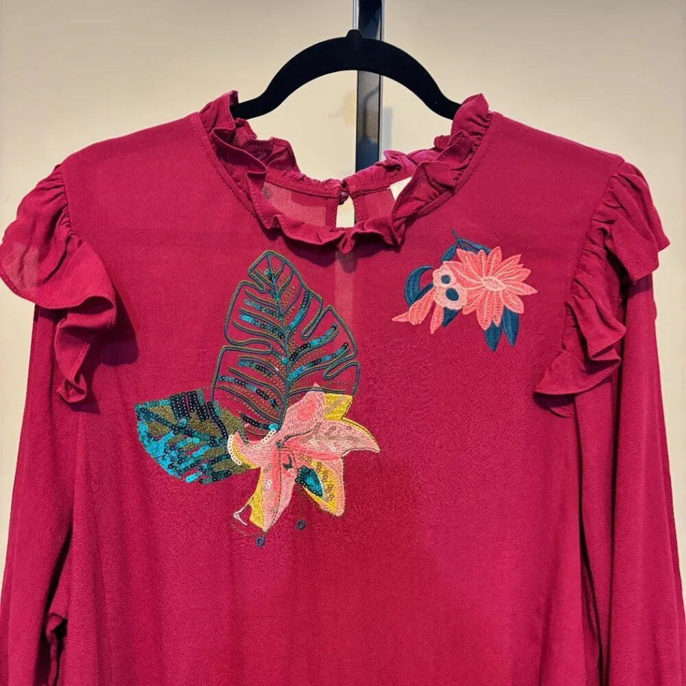 Umgee Burgundy Red Sequin Embroidered Floral Sequin Bird Long Sleeve Dress - Picture 3 of 10